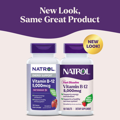 Natrol Vitamin B12 maximum strength strawberry flavored supplement packaging highlighting hundred tablets count
