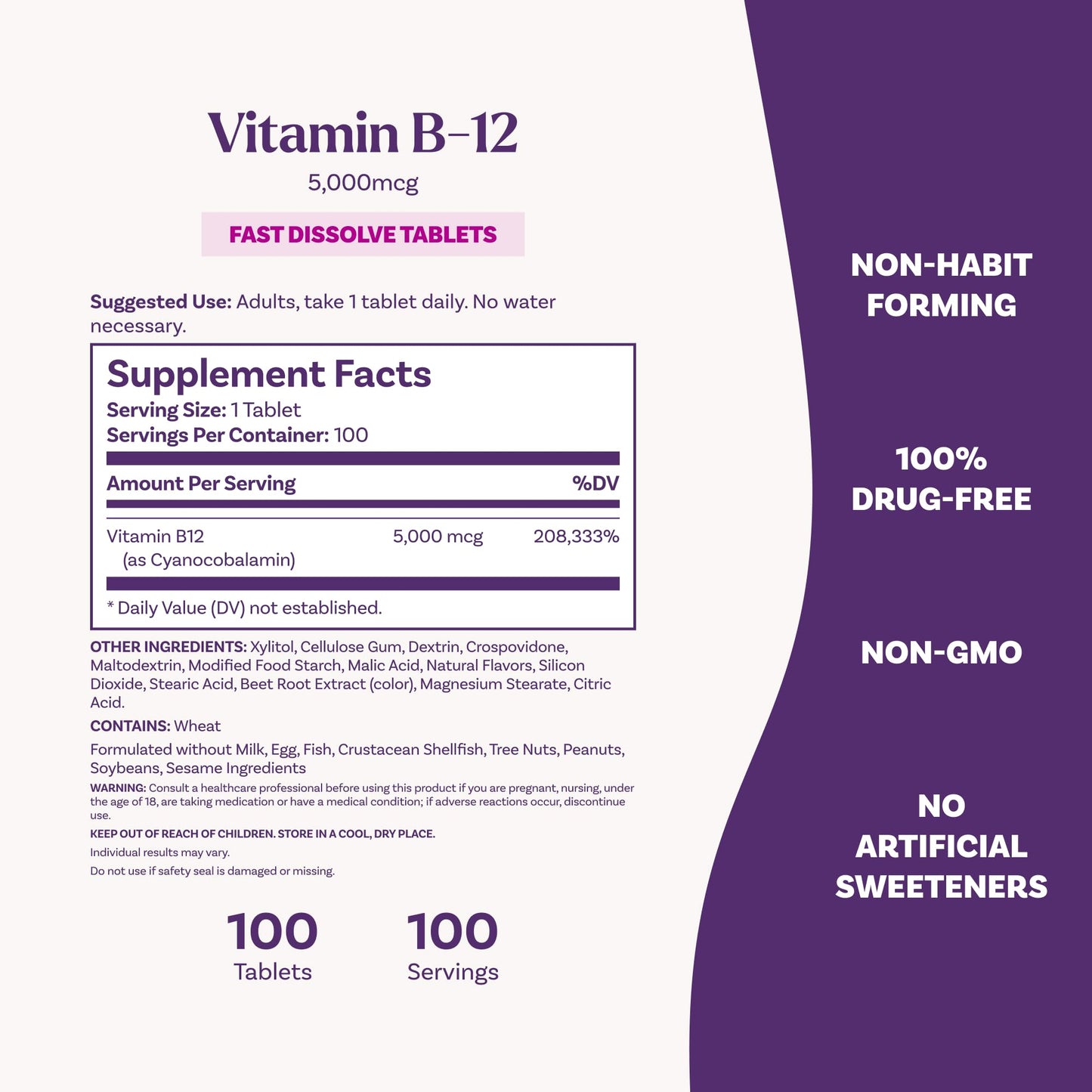 Side view of imported USA health product bottle displaying vegetarian and drug free certifications