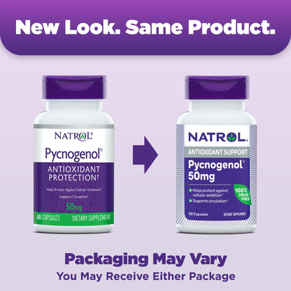 Natrol Pycnogenol 50mg dietary supplement side label showing clean ingredient details.