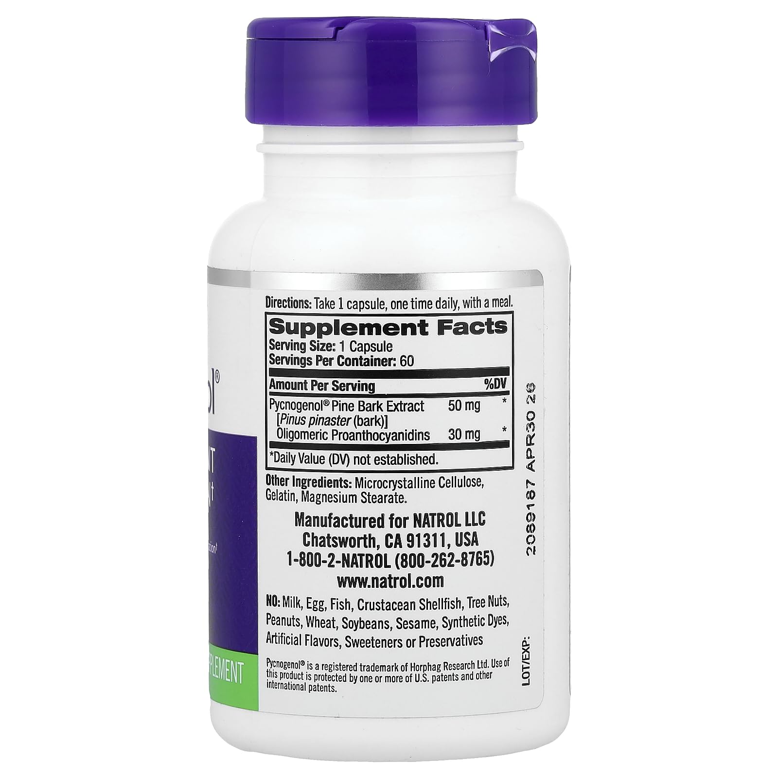 French maritime pine bark extract supplement bottle showing dietary facts and ingredient panel