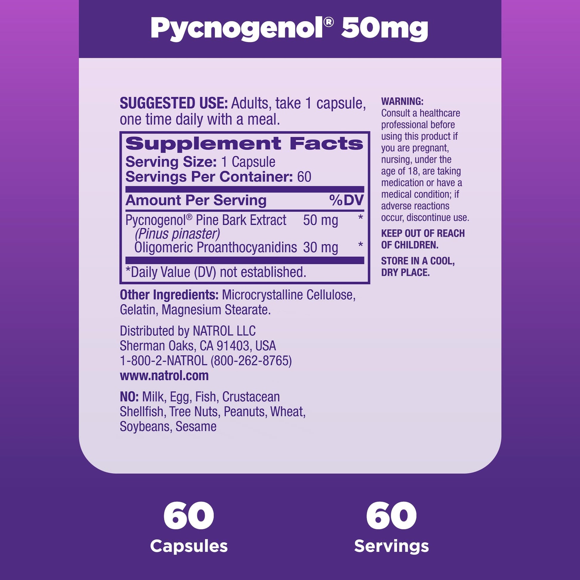 Natrol Pycnogenol 60 count vegetarian capsule container highlighting its gluten free formula.