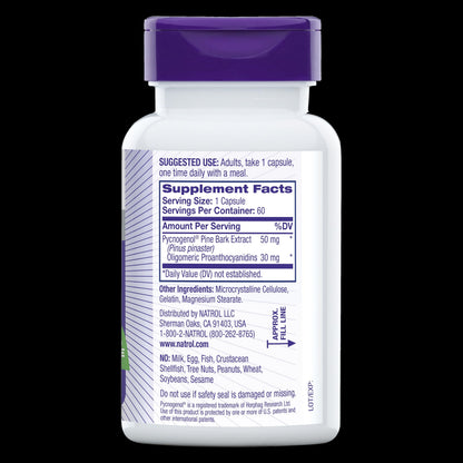 Secure cap view of Natrol Pycnogenol 50mg antioxidant protection dietary supplement.