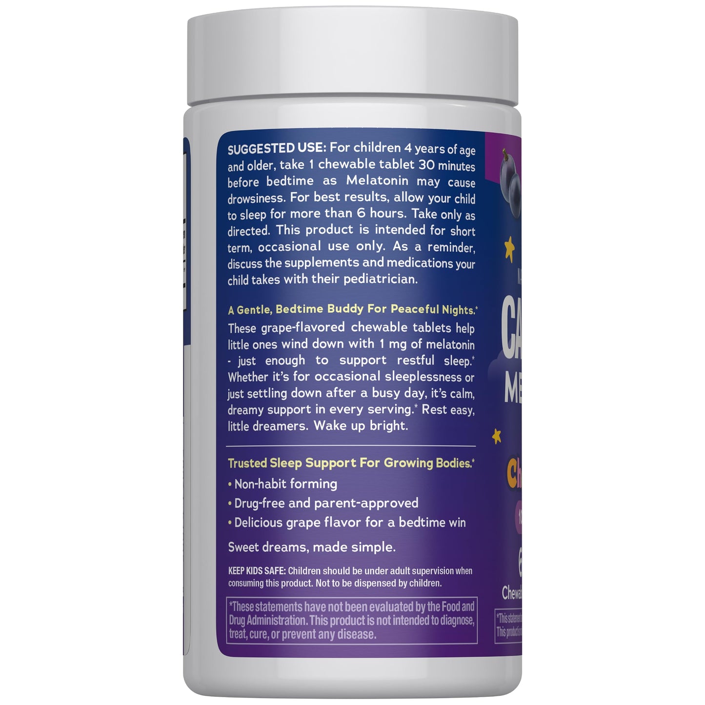 USA imported Natural Vitality melatonin for kids 1 milligram grape flavor bottle side view