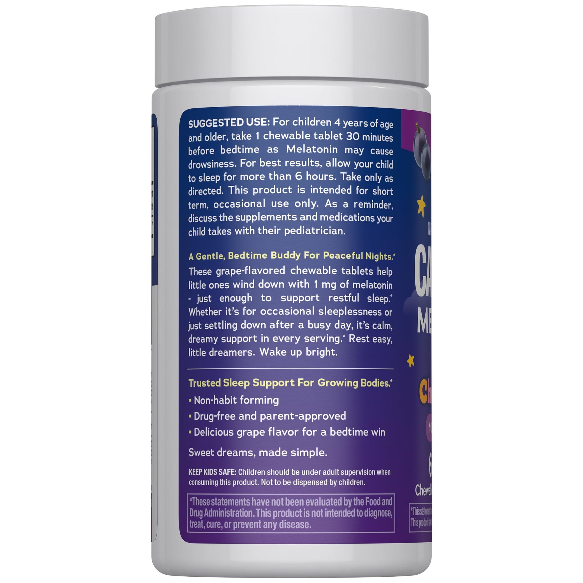 USA imported Natural Vitality melatonin for kids 1 milligram grape flavor bottle side view