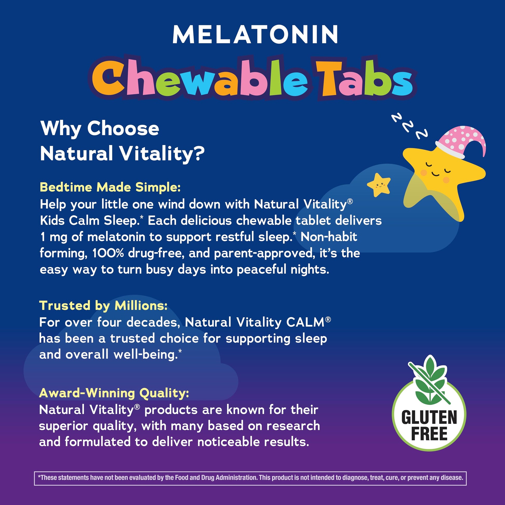 Natural Vitality Kids Calm Sleep 1 milligram dietary supplement non GMO vegan badge details