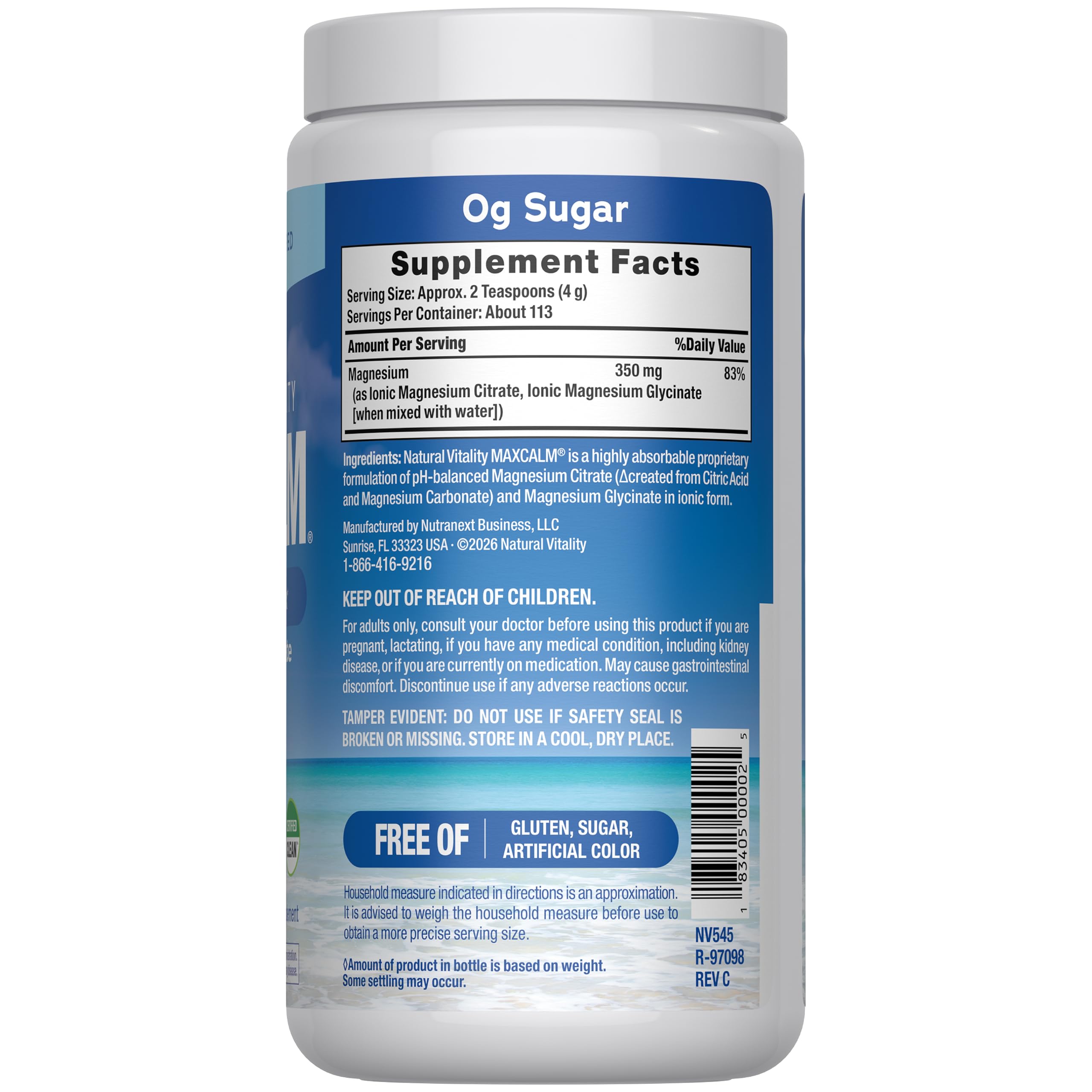 Natural Vitality Calm unflavored magnesium powder dietary supplement nutrition facts panel