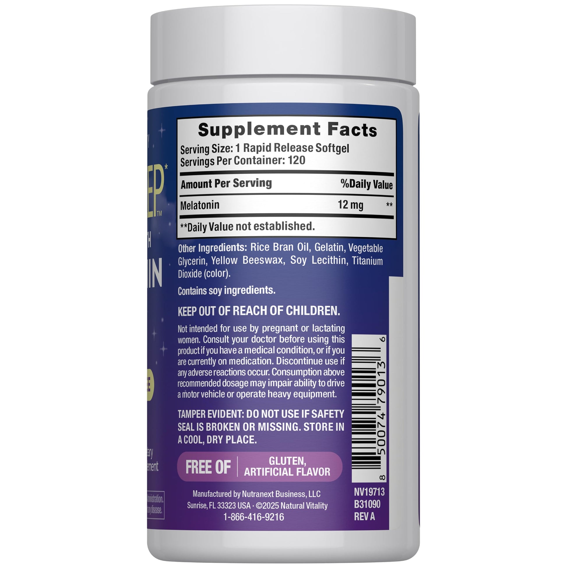 Natural Vitality CALMSleep 12mg supplement bottle showing side label facts and drug-free formula details.