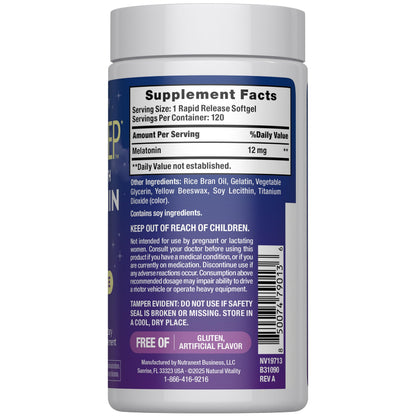 Natural Vitality CALMSleep 12mg supplement bottle showing side label facts and drug-free formula details.