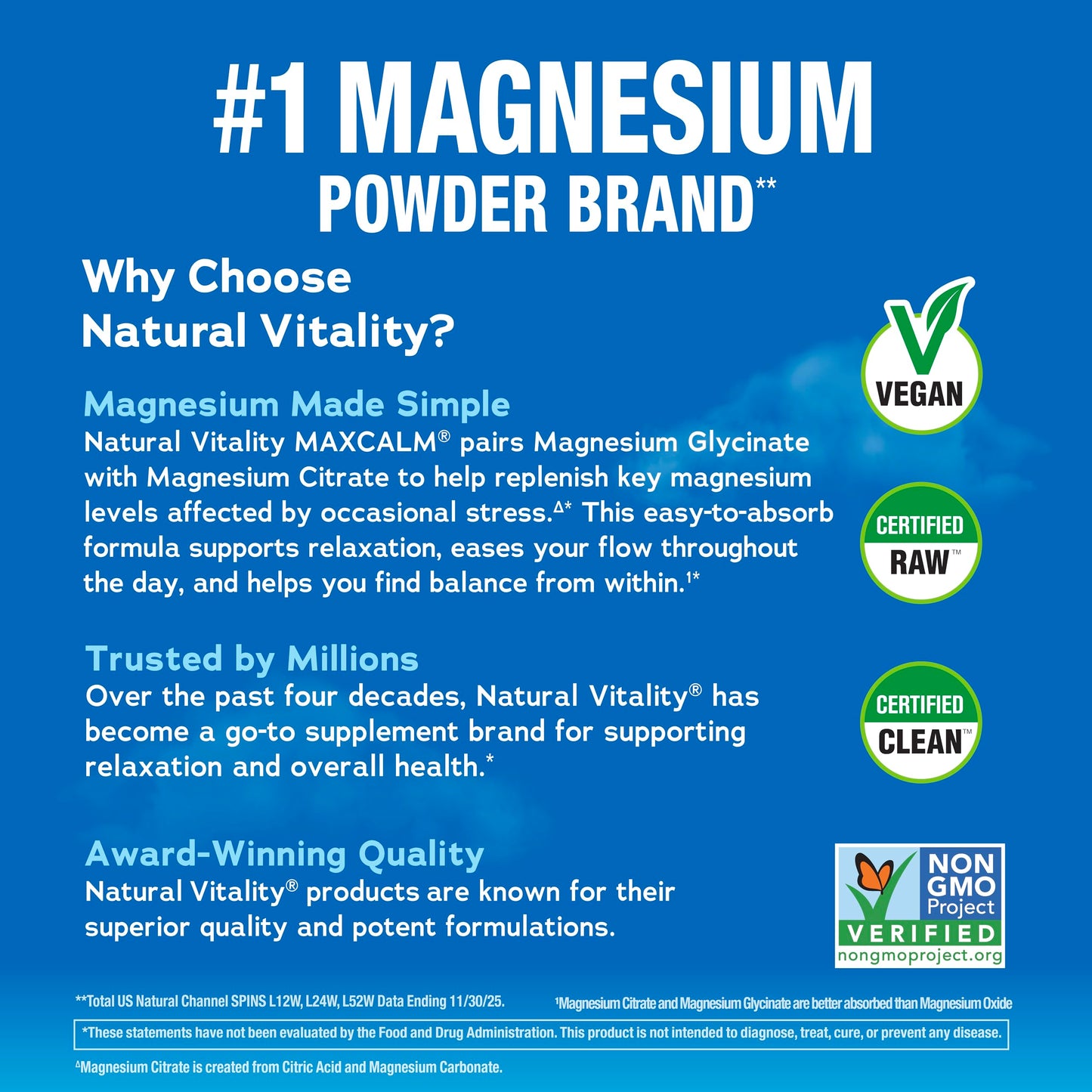 Natural Vitality Calm clean formula certification stamps and seals view
