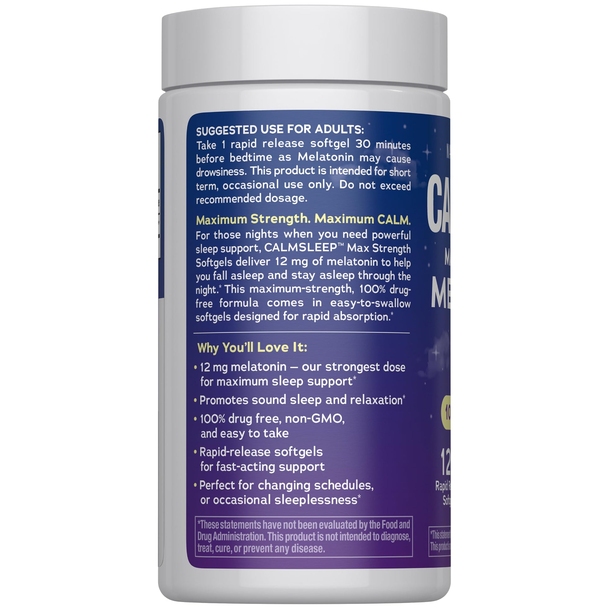 USA imported Natural Vitality maximum strength melatonin softgels container showcasing 120 count packaging.