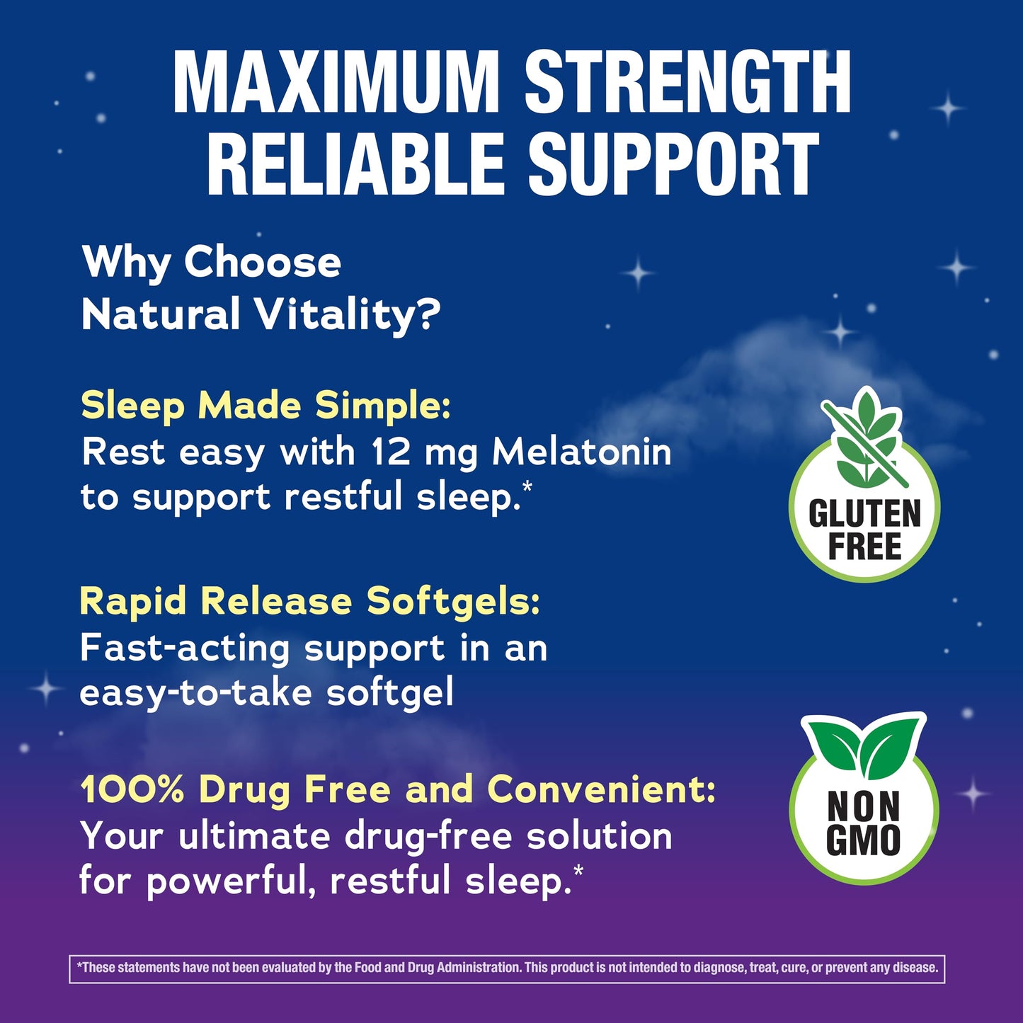 Close up view of Natural Vitality rapid release sleep aid softgels for fast absorption.
