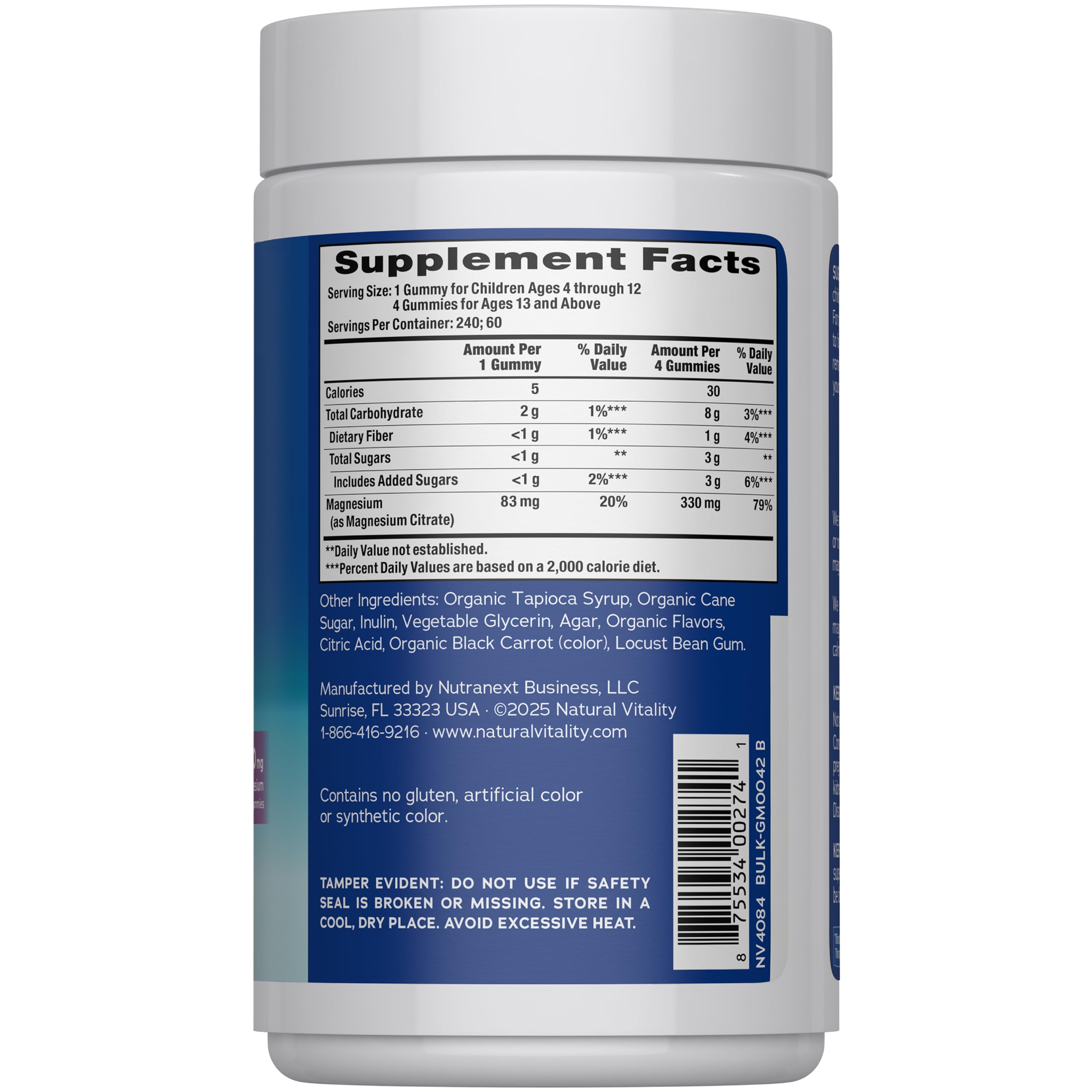 Natural Vitality Calm Magnesium chewable supplements dietary label and nutritional facts