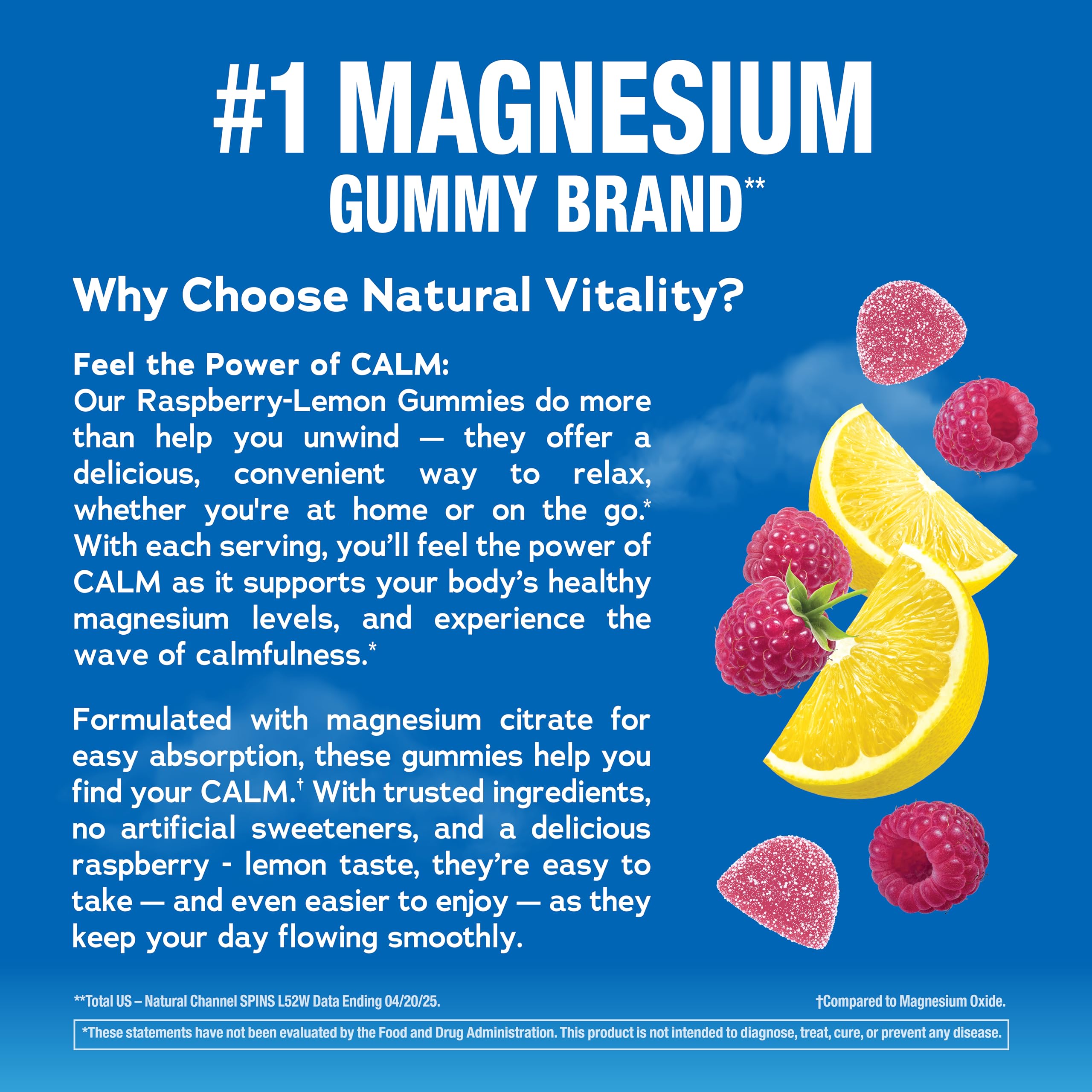 Natural Vitality Calm 240 counts container angled shot displaying gluten free and non GMO seals