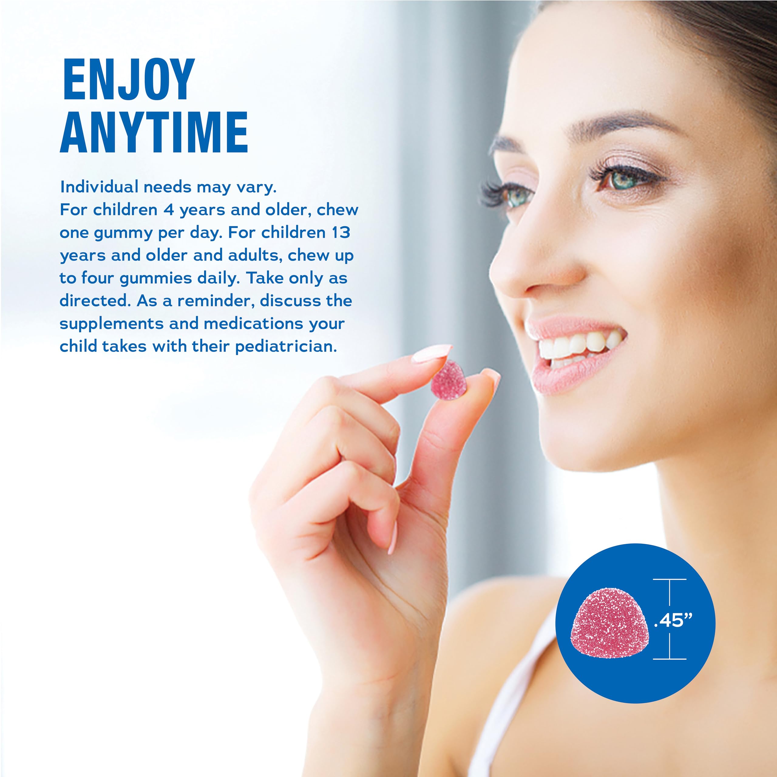 Close up of Natural Vitality premium USA imported relaxation gummies on clean surface