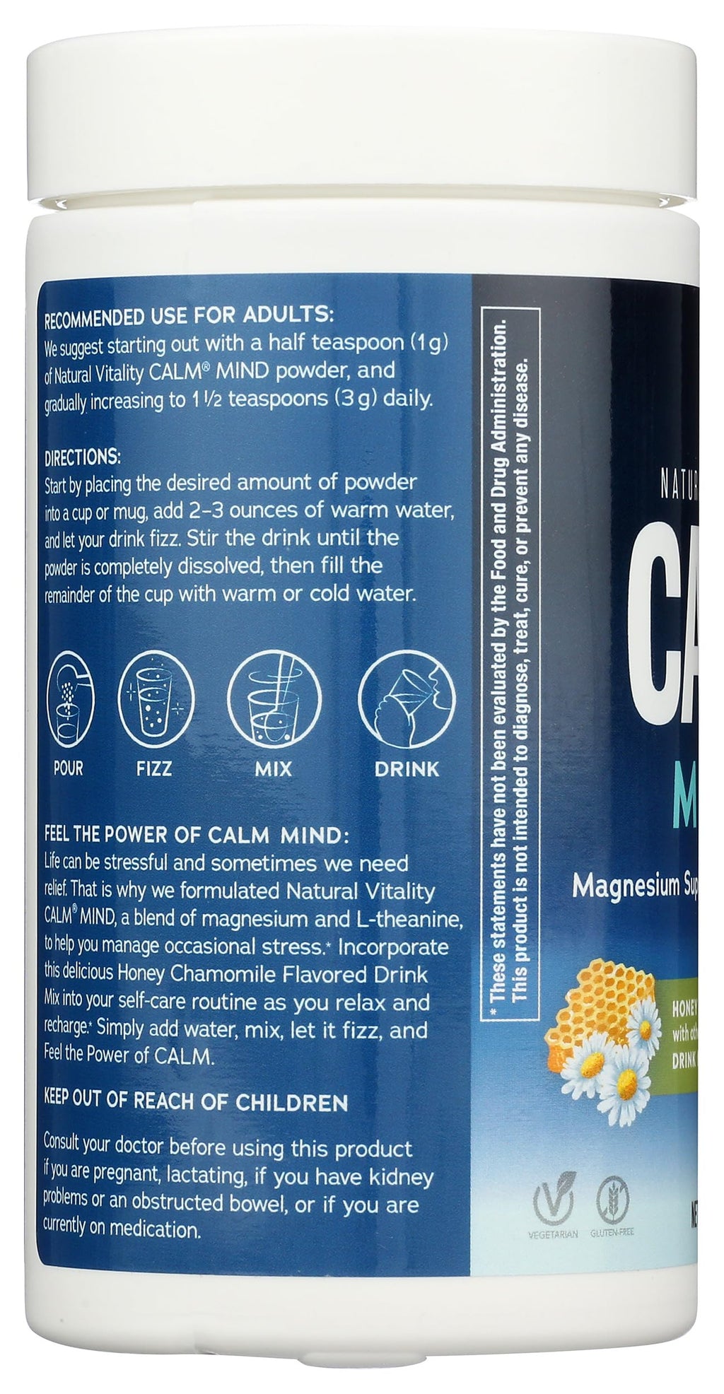 Natural Vitality Calm Mind container showing non-GMO project verified and gluten-free seals