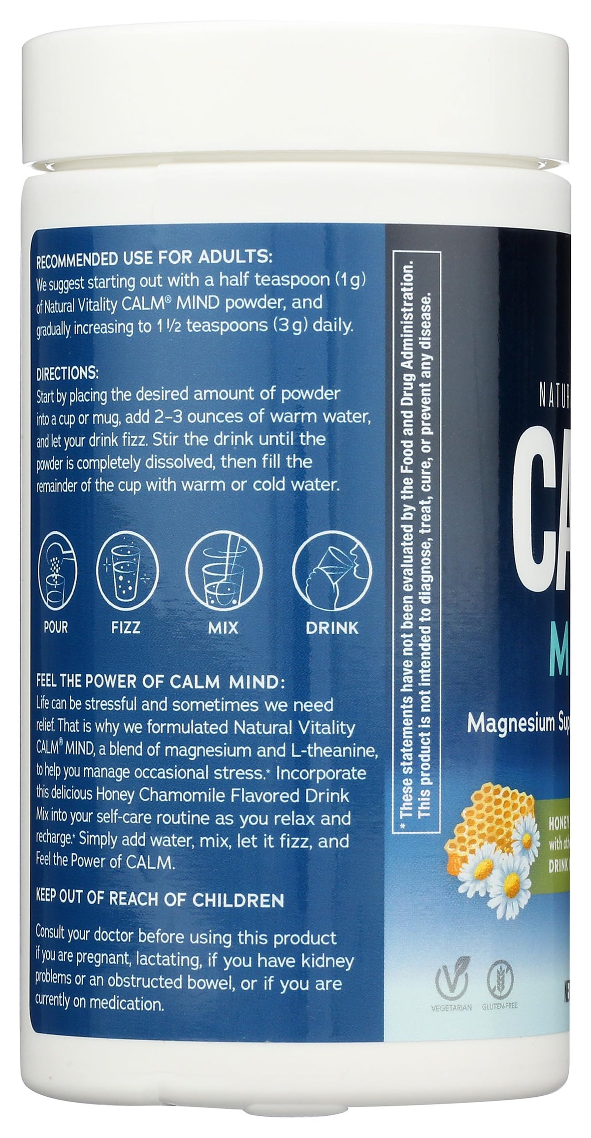 Natural Vitality Calm Mind container showing non-GMO project verified and gluten-free seals