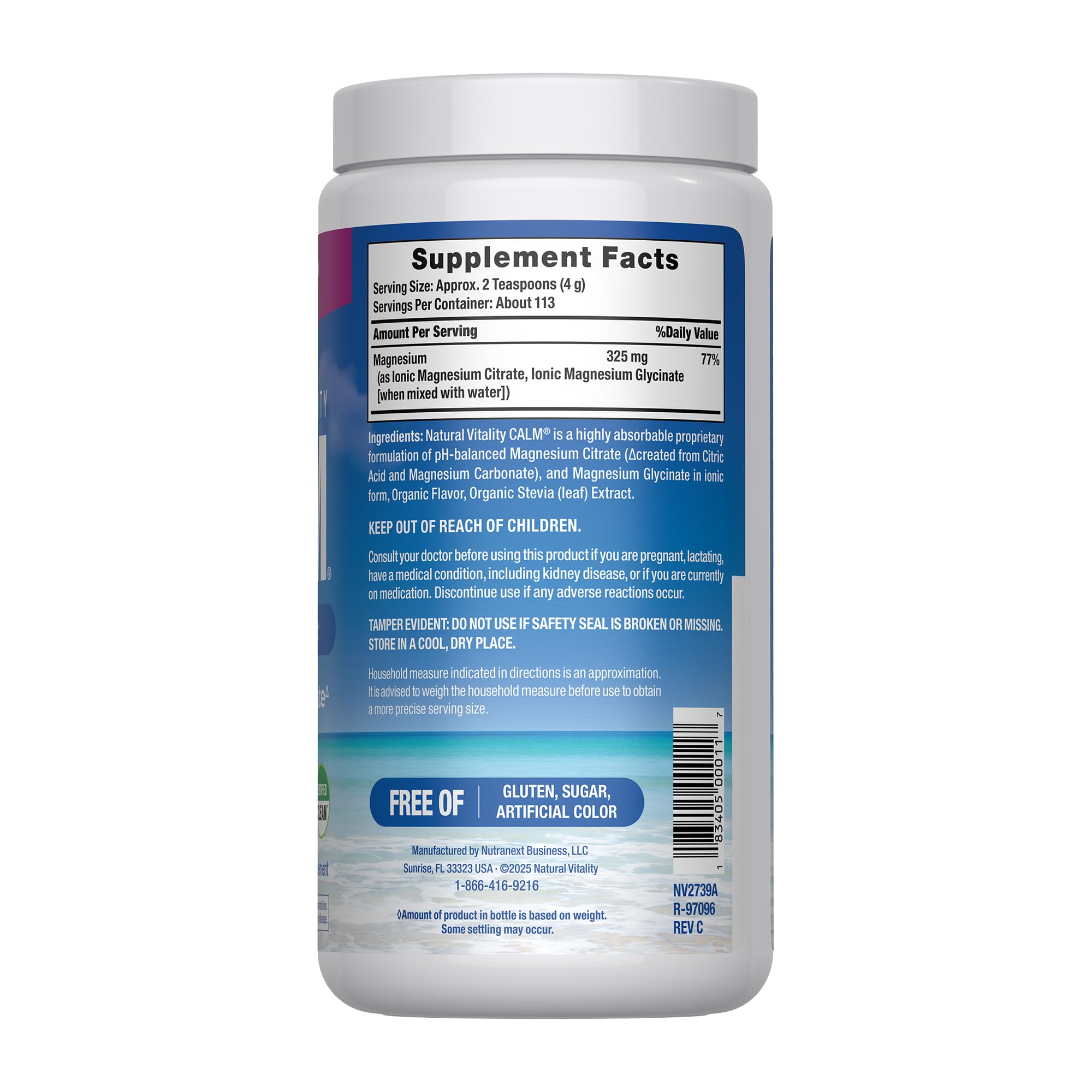 Natural Vitality Calm Raspberry Lemon supplement drink mix powder showing dietary labels