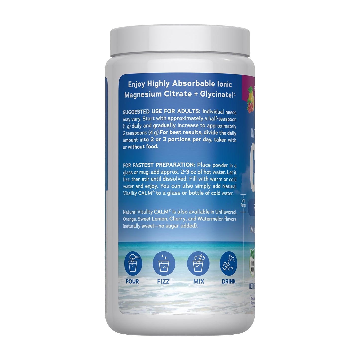 USA imported Natural Vitality anti stress magnesium drink mix container back label nutrition facts