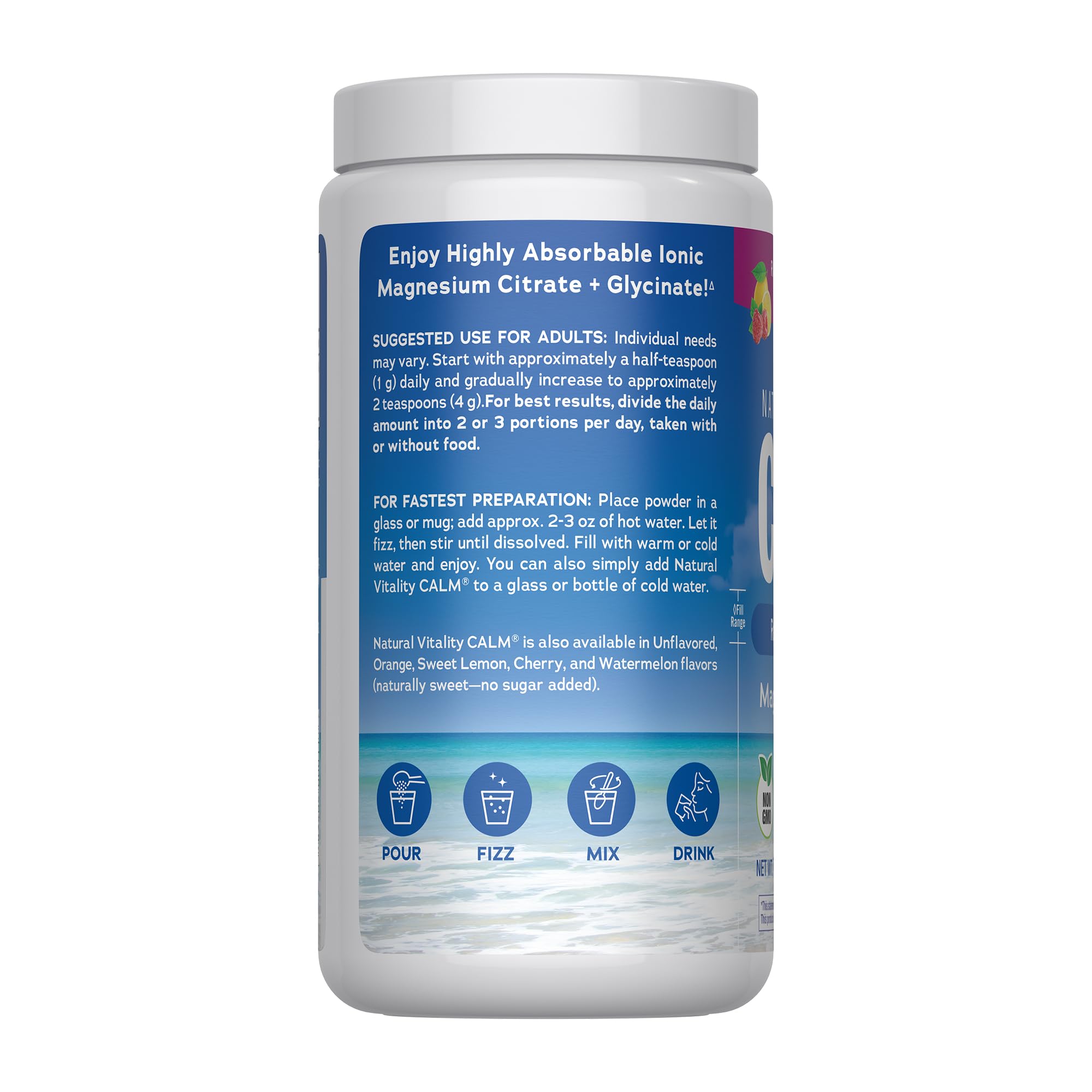 USA imported Natural Vitality anti stress magnesium drink mix container back label nutrition facts