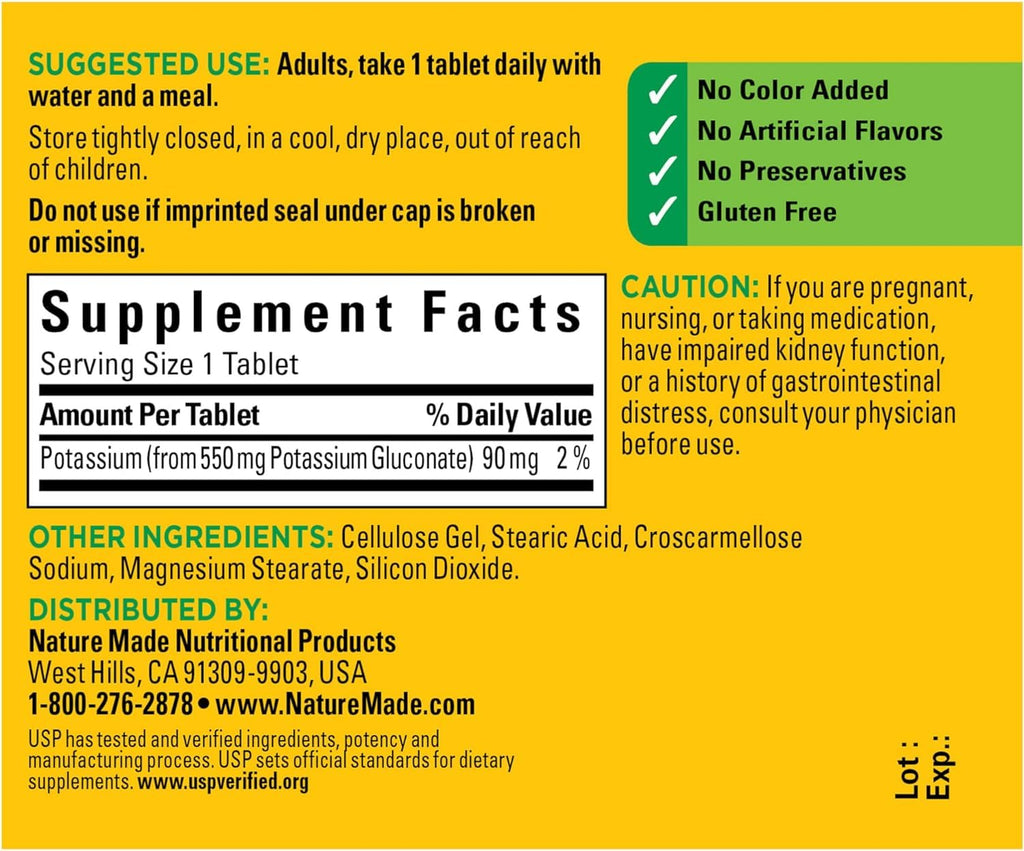 Nature Made Potassium Gluconate 550mg USP verified seal detail