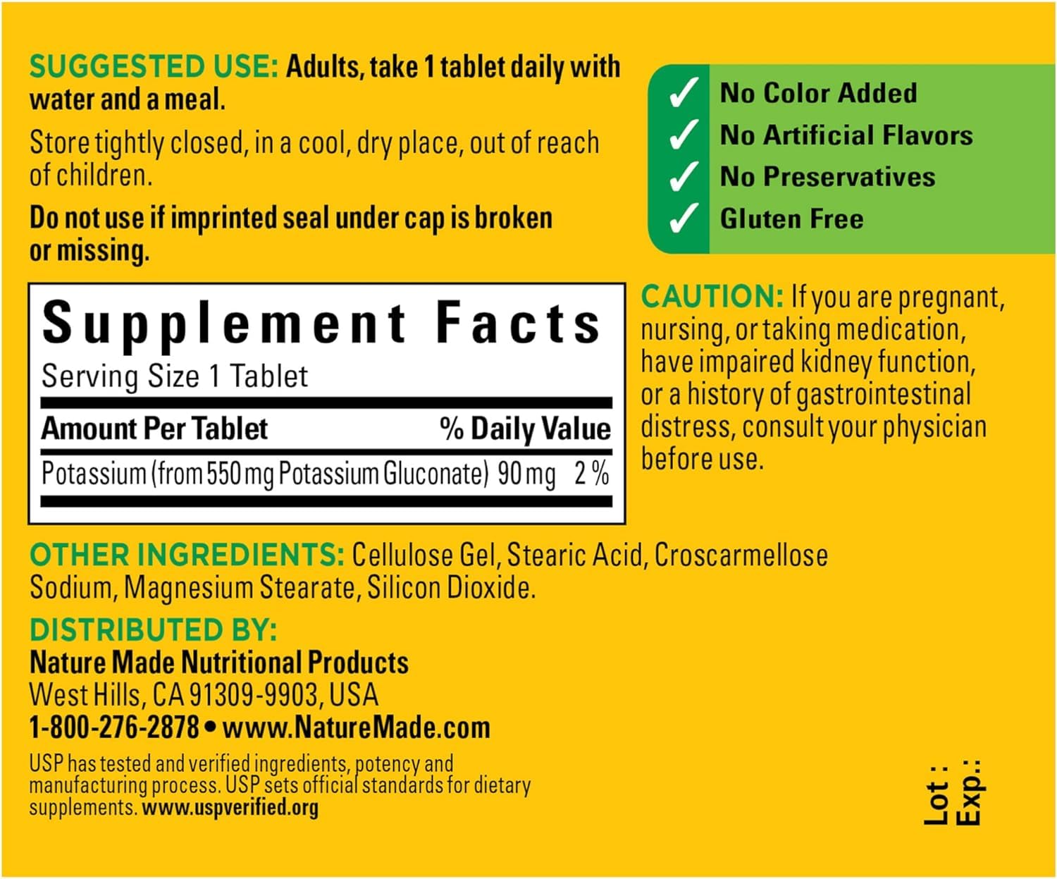Nature Made Potassium Gluconate 550mg USP verified seal detail
