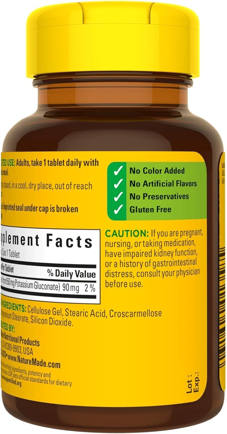 Nature Made Potassium Gluconate health benefits summary label