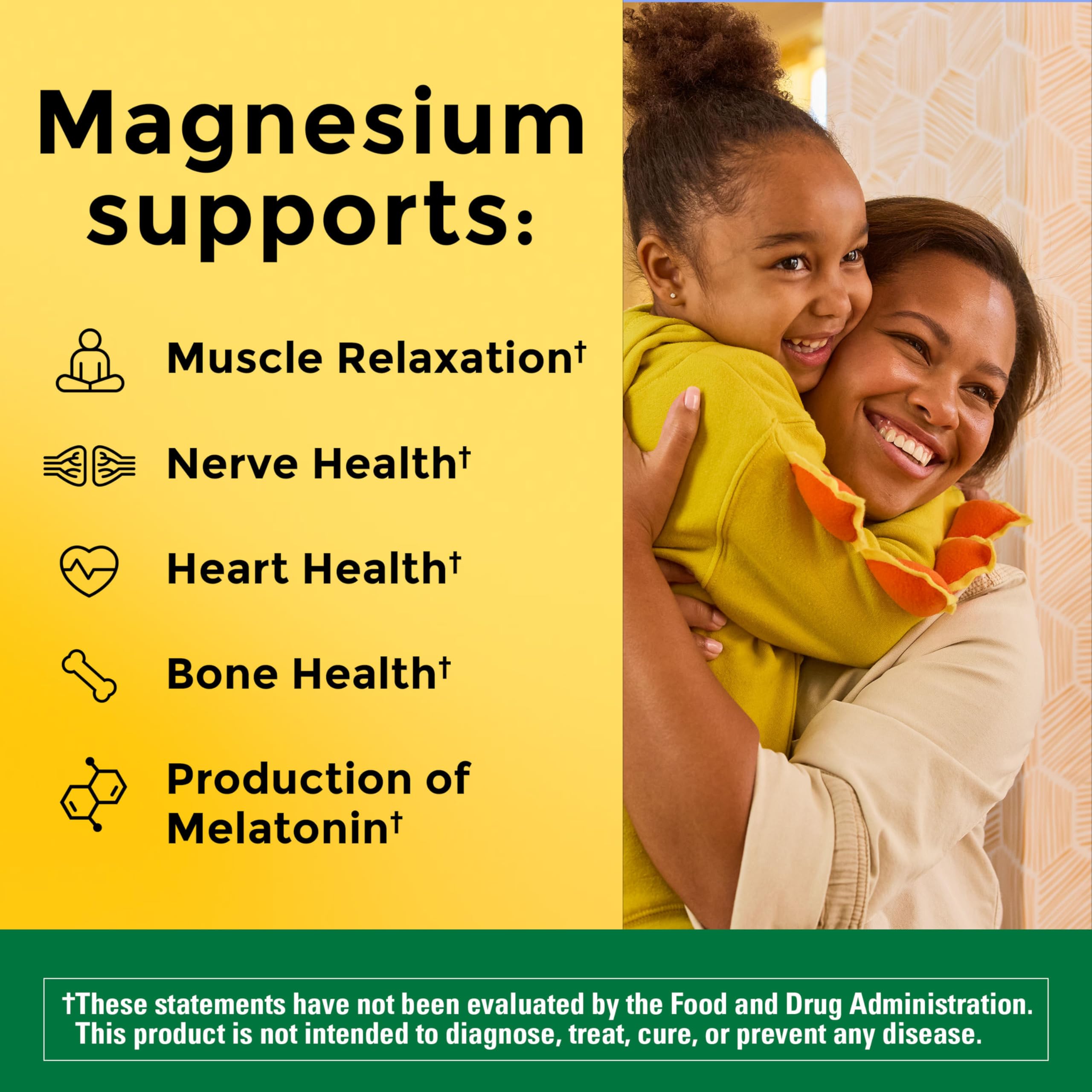 Nature Made chelated magnesium glycinate supplement bottle side view showing supplement facts