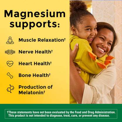 Nature Made chelated magnesium glycinate supplement bottle side view showing supplement facts
