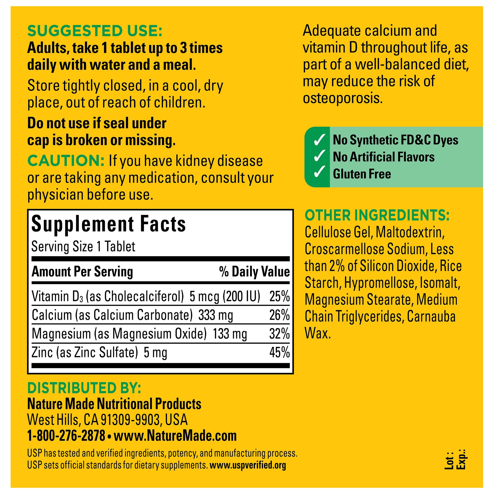 Close up view of the unflavoured gluten free tablets from the Nature Made three hundred count bottle