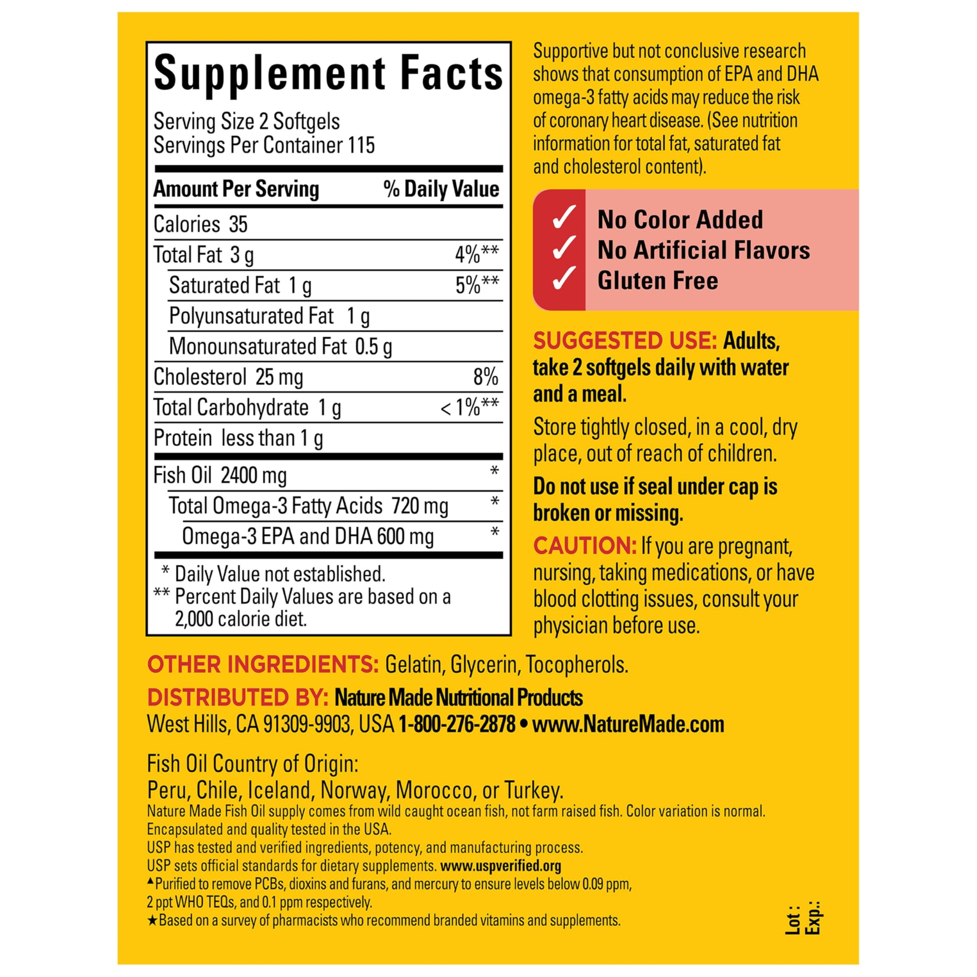 Authentic USA imported Nature Made fish oil 1200 milligrams 115 day supply packaging.