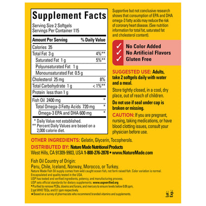 Authentic USA imported Nature Made fish oil 1200 milligrams 115 day supply packaging.