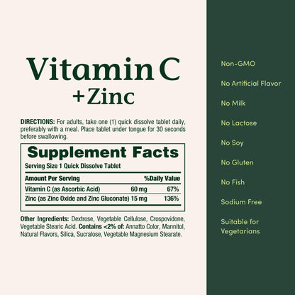 Nature's Bounty Vitamin C plus Zinc sixty tablets package direction and usage details.