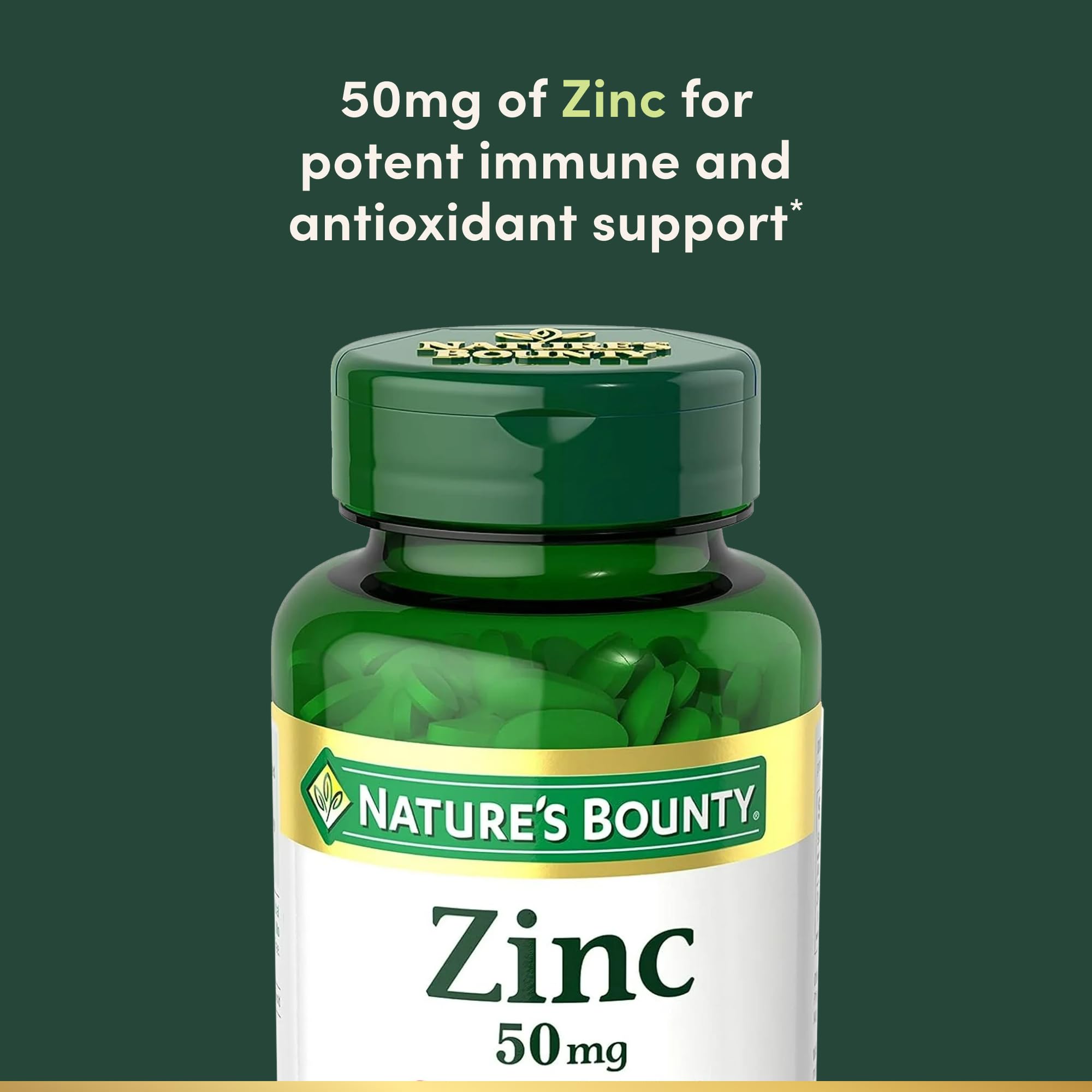 Nature's Bounty Zinc 250 vegetarian caplets bottle side view showing allergen free details