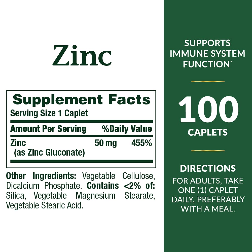 Nature's Bounty Zinc 50mg high potency dietary supplement bottle showing vegetarian label details