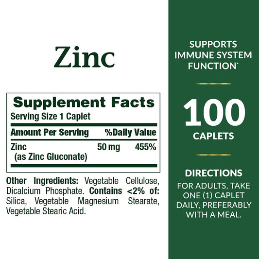 Nature's Bounty Zinc 50mg high potency dietary supplement bottle showing vegetarian label details
