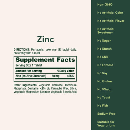 Nature's Bounty Zinc 50mg immune support vegetarian caplets displayed outside the bottle
