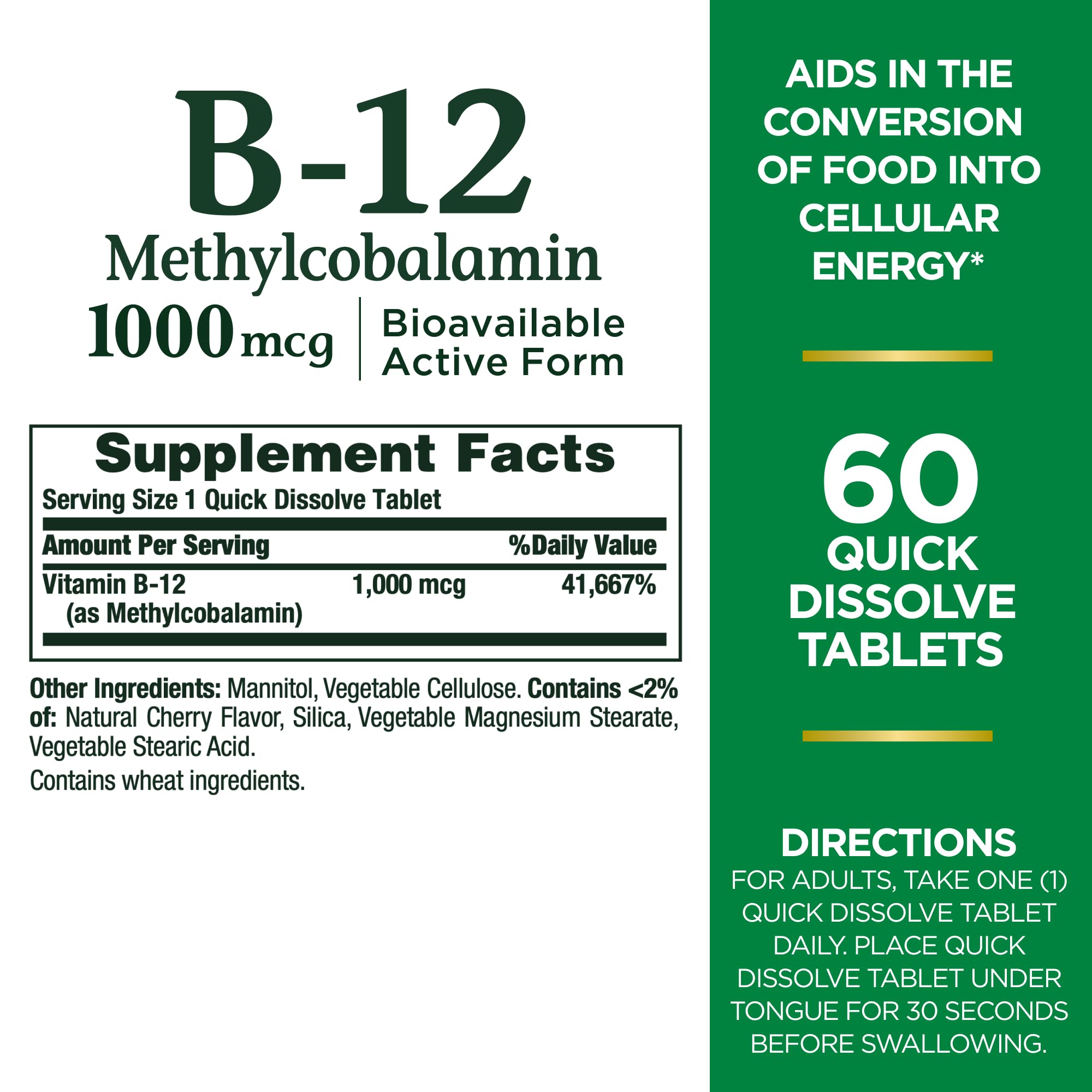 Nature's Bounty B12 sublingual tablets packaging label details