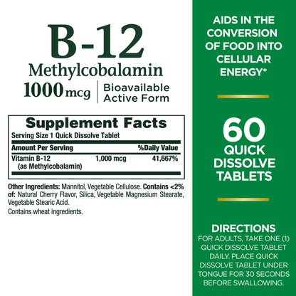 Nature's Bounty B12 sublingual tablets packaging label details
