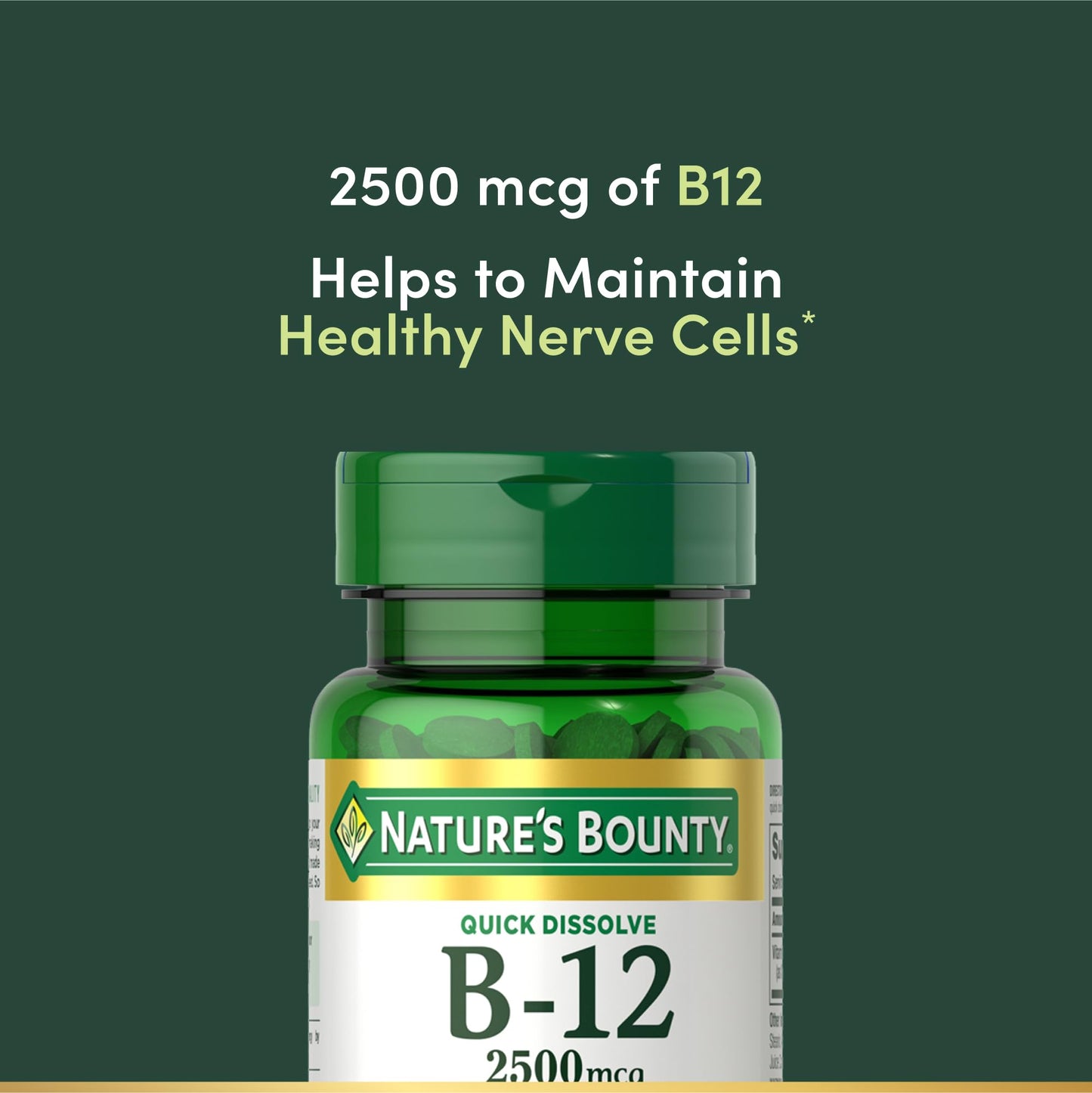 Supplement facts label on back of Nature's Bounty Vitamin B12 2500 micrograms bottle