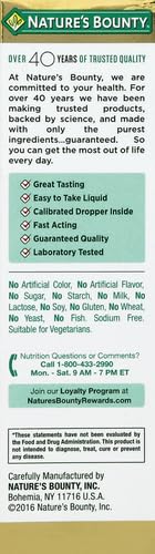 Nature's Bounty high potency sublingual B12 drops container emphasizing cellular energy and nervous system health benefits.