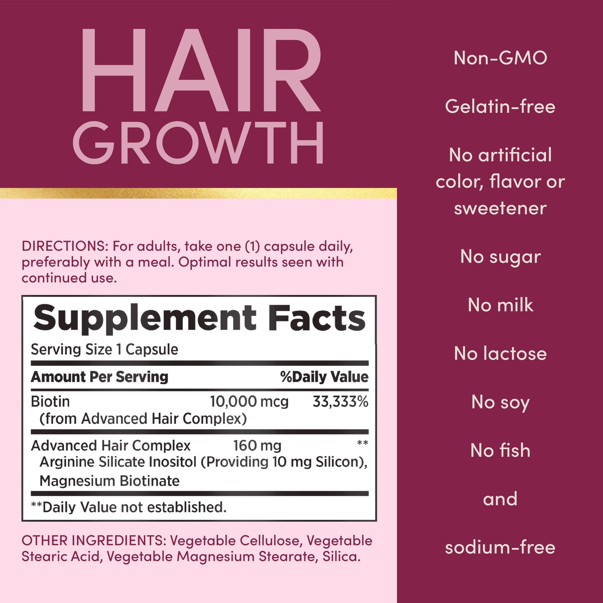Nature's Bounty hair thickness daily supplement box side panel with product warnings