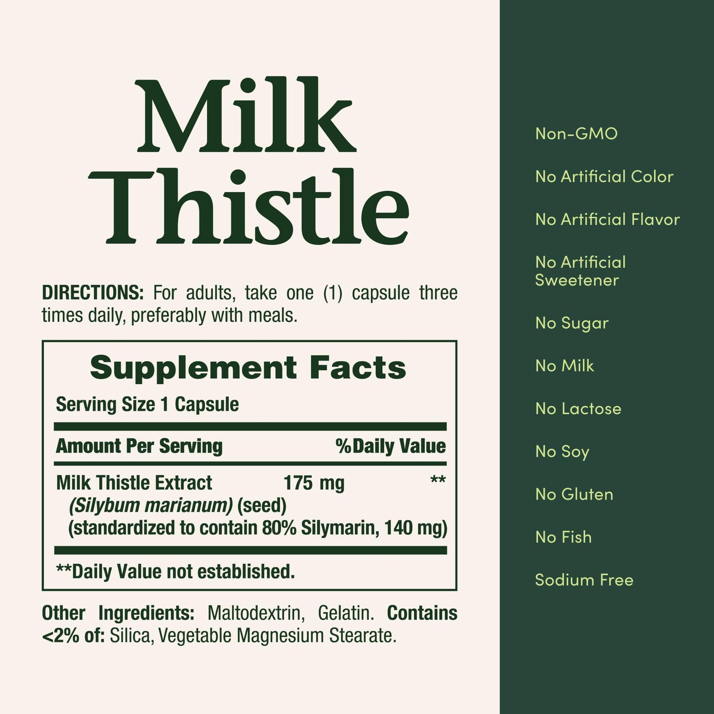 Close up view of Nature's Bounty milk thistle 100 capsules bottle detailing adult dosage instructions