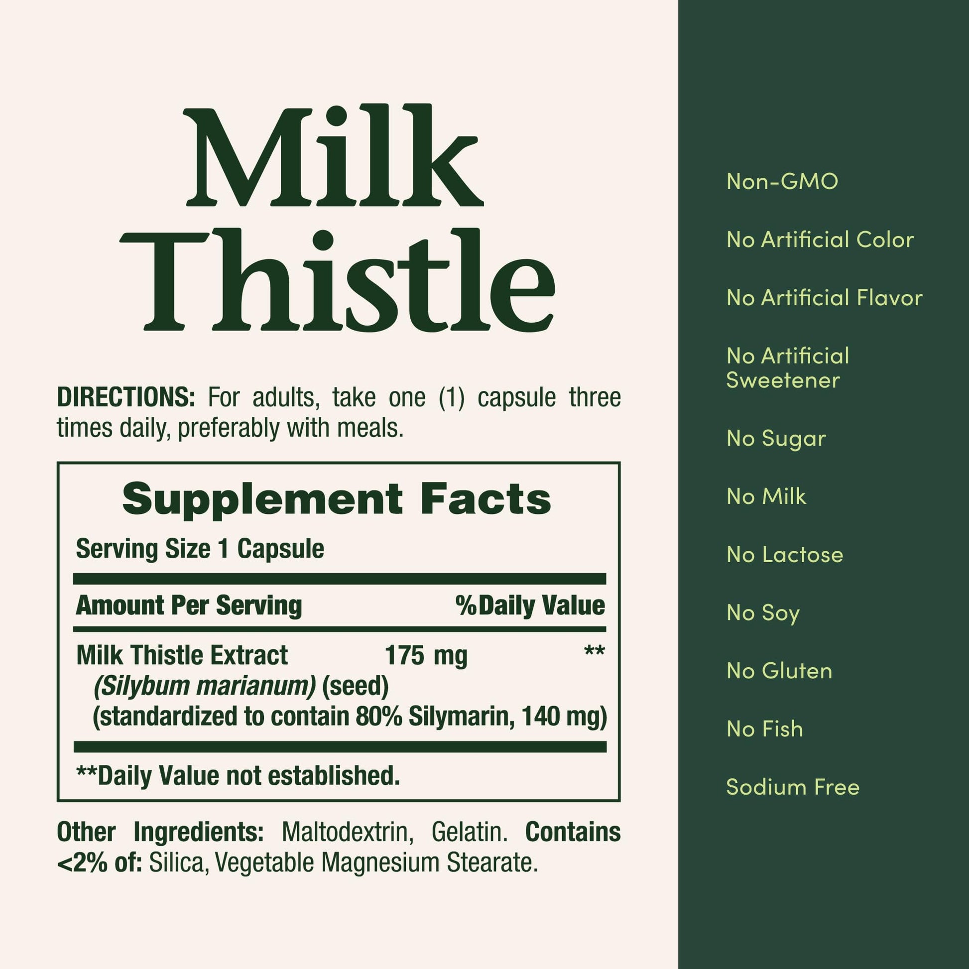 Close up view of Nature's Bounty milk thistle 100 capsules bottle detailing adult dosage instructions
