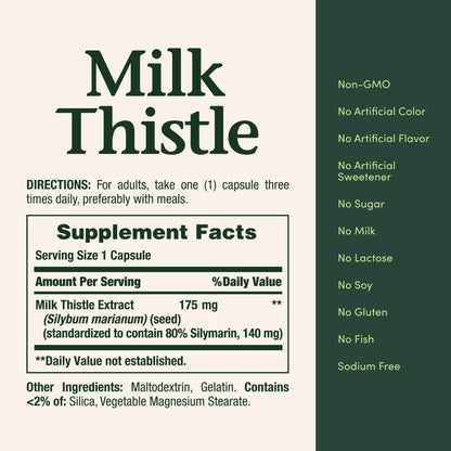 Close up view of Nature's Bounty milk thistle 100 capsules bottle detailing adult dosage instructions