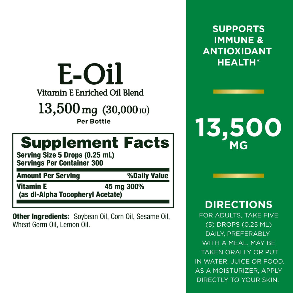 Nature's Bounty Vitamin E Oil supplement label details