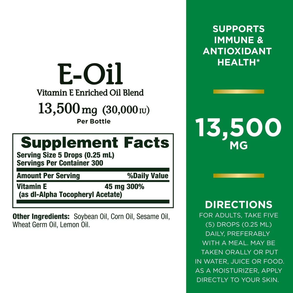 Nature's Bounty Vitamin E Oil supplement label details