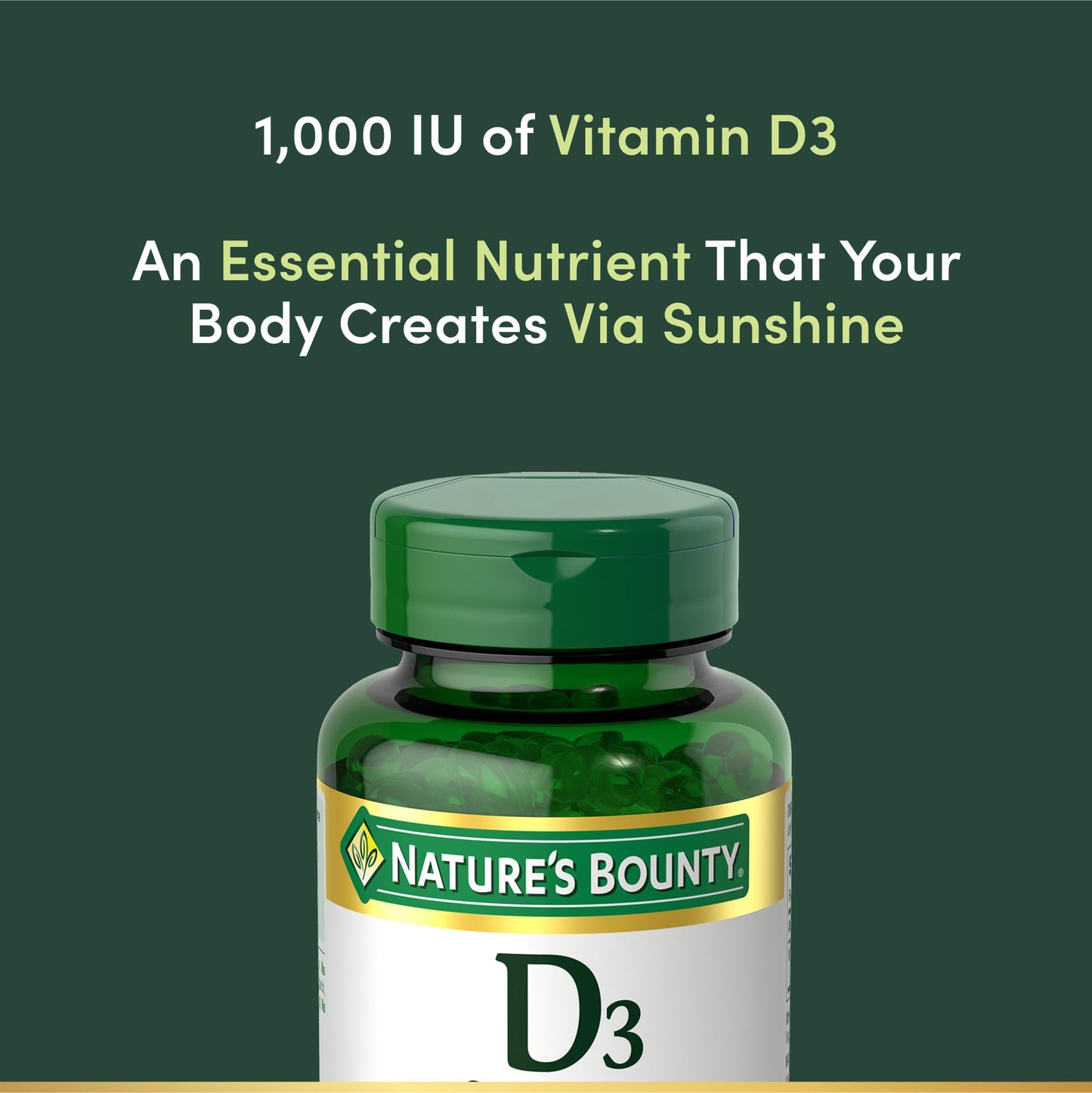Side angle of Nature's Bounty Vitamin D3 350 count bottle displaying dietary features
