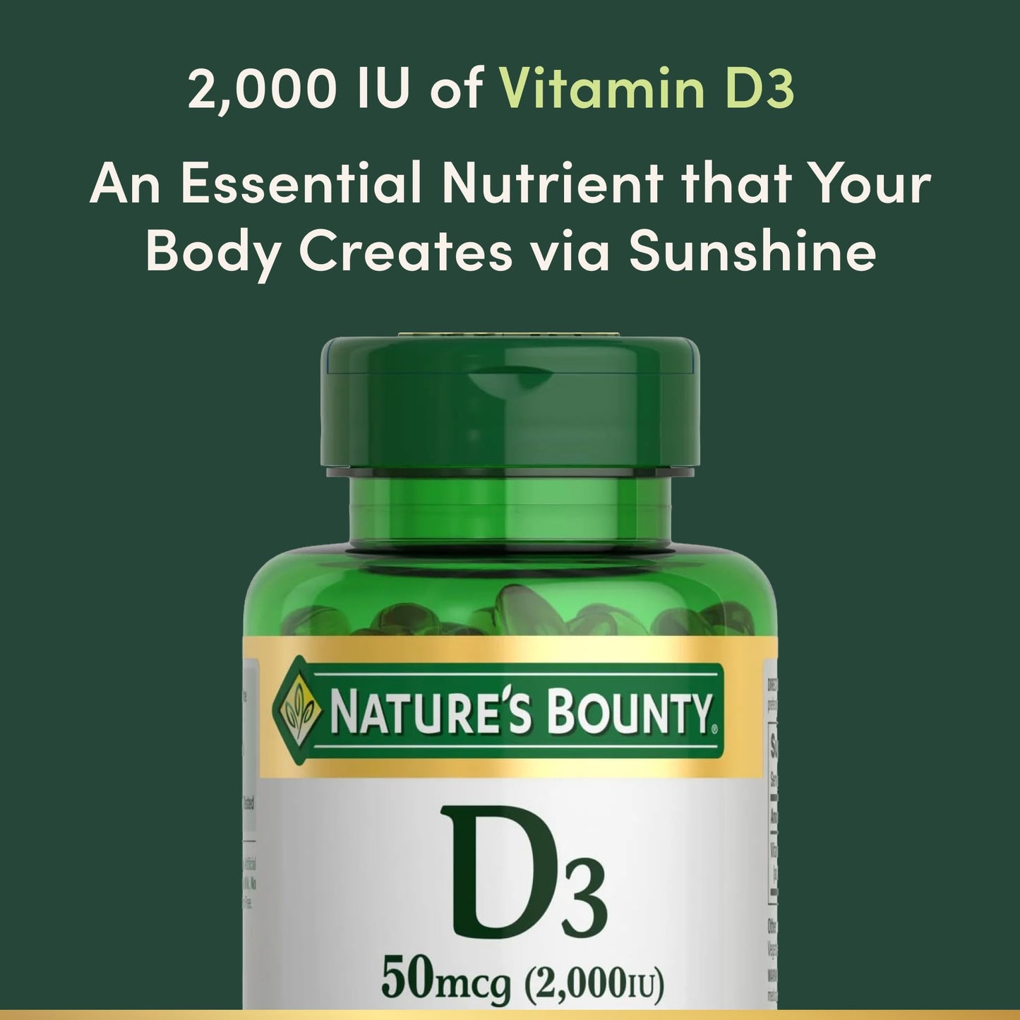 USA imported Nature's Bounty bone and immune health vitamin D3 dietary supplement packaging close up