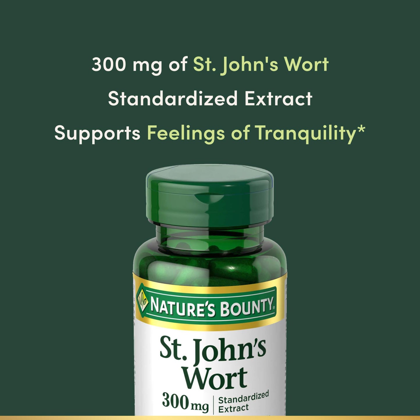 Authentic Nature's Bounty herbal supplement bottle showing 0.3 percent hypericin standardization