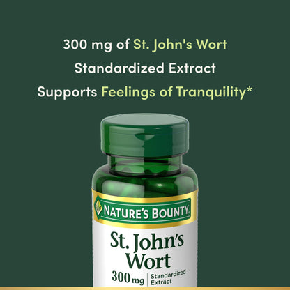 Authentic Nature's Bounty herbal supplement bottle showing 0.3 percent hypericin standardization